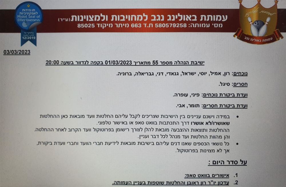 ישיבת ועד מנהל מספר 55 מתאריך 01/03/2023